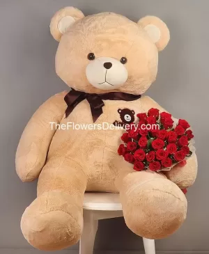 Anniversary Teddy and Flowers Karachi - TheFlowersDelivery.com
