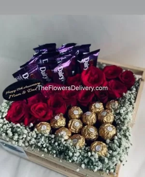 Flowers & Chocolates Basket-Duo of Red Rose and KitKat-Flowers and chocolates bundle- Charming flowers with chocolates- Perfect duo: flowers and chocolates-send love with flowers and chocolates-Floral elegance and chocolates-Flowers and chocolates for delivery-Luxurious flowers and exquisite chocolates-TFD Pakistan-theflowerdelivery.com